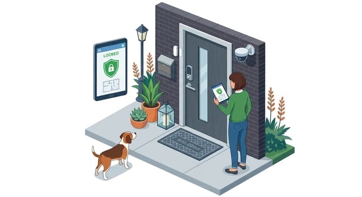 A front entry secured by a smart lock and monitored via a mobile app to prevent pet escapes.