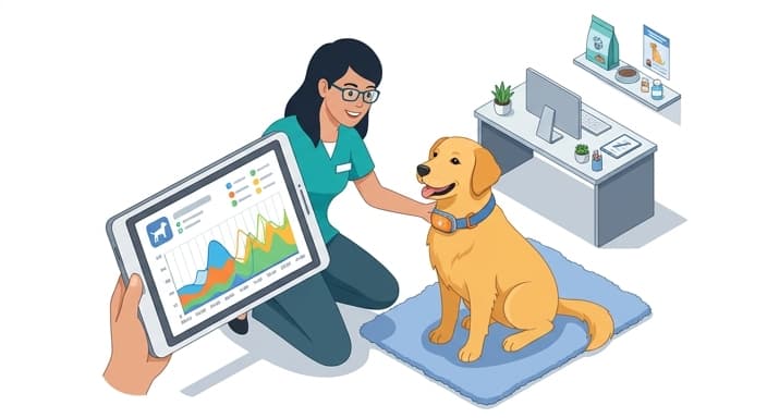 Owner reviews a 24-hour health report from a wearable collar to share with the vet.