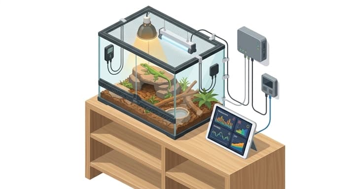 A reptile enclosure equipped with integrated sensors and a smart control hub for automated climate management.