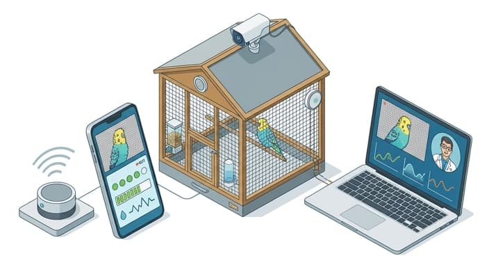 A bird enclosure wired for telemedicine-ready monitoring, enabling remote veterinary review and swift intervention.