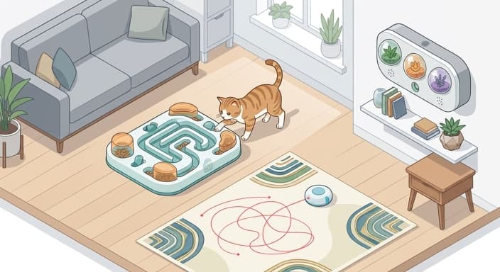 A cat engages with a smart puzzle feeder while a laser toy and a scent dispenser enrich the scene.