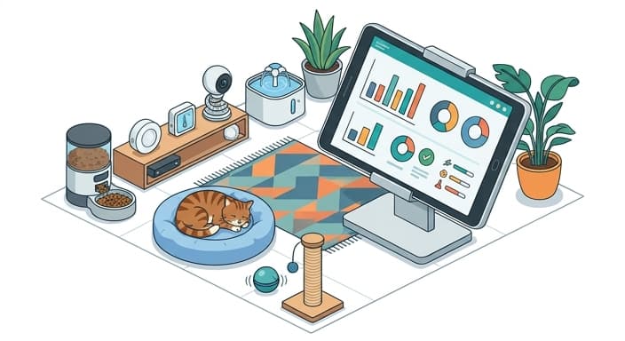 An owner reviews data from smart pet devices on a dashboard while the pet explores the enrichment setup.
