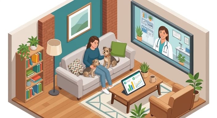 A dog wearing a smart collar at home, with a tablet showing health metrics and a telemedicine link to a vet.