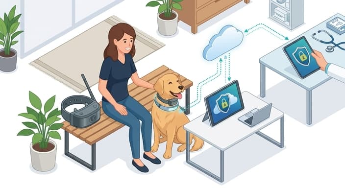 A comparison of bulky versus slim collars while secure data sharing to the vet is depicted, highlighting privacy and comfort.