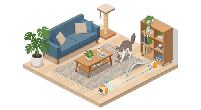 A curious cat watches an unpredictable smart toy that hides behind furniture in a cozy living room.