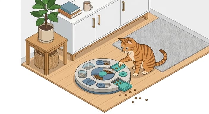 A cat engages with a multi-compartment food puzzle, turning mealtime into a hunting-like enrichment.