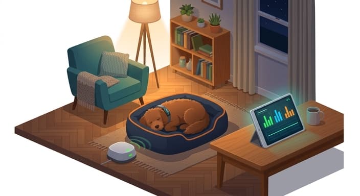 A dog wearing a smart activity collar beside a dashboard that visualizes its activity baseline.