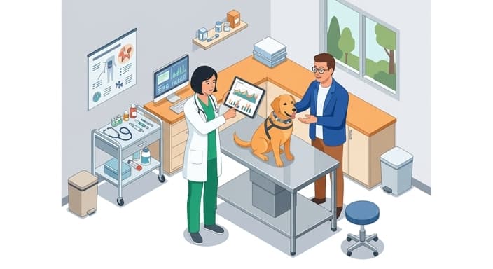A veterinarian reviews the pet's activity data on a tablet during a wellness visit.