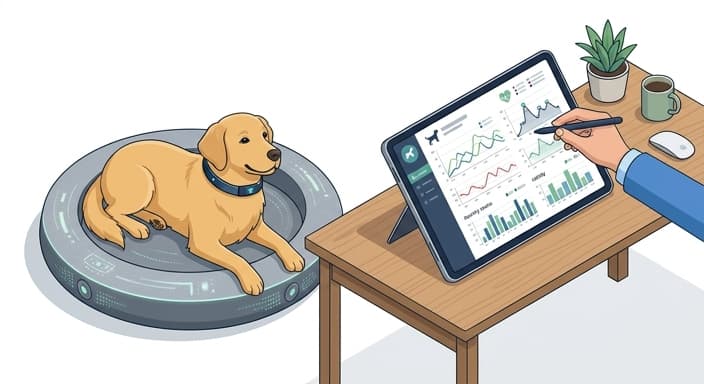 A dog wearing a smart collar beside a dashboard on a tablet, illustrating longitudinal health data for veterinary review.