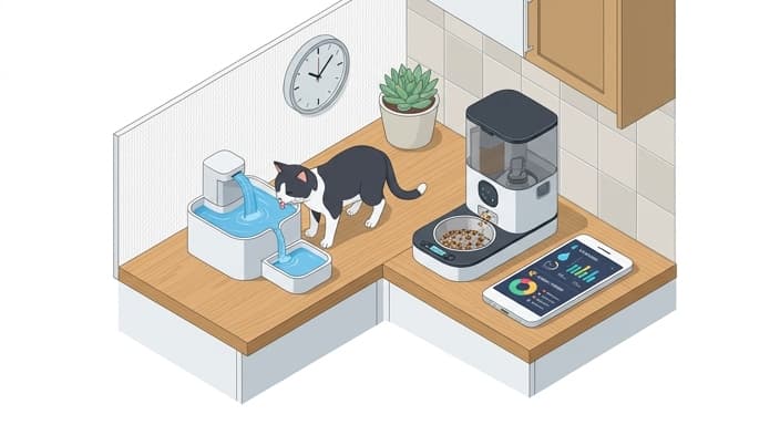 A cat drinks from a smart fountain beside a feeder, with a device dashboard tracking hydration and nutrition.