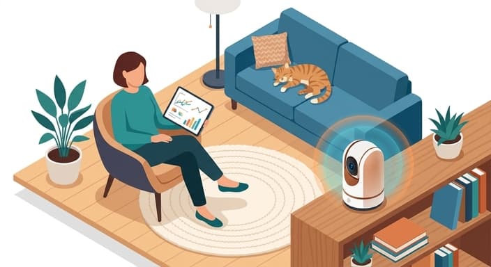 A pet owner reviews abstract health graphs on a tablet while a smart camera glows in the background and a cat rests nearby.