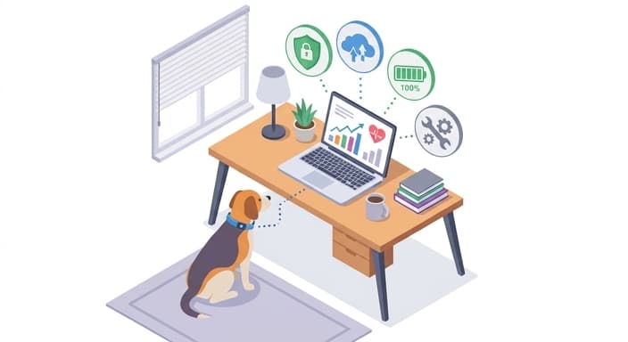 A dog with a smart collar sits beside a laptop showing abstract health trends, with icons signaling privacy and secure cloud storage.