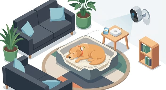 Senior pet at home monitored by smart sensors with a nighttime alert.