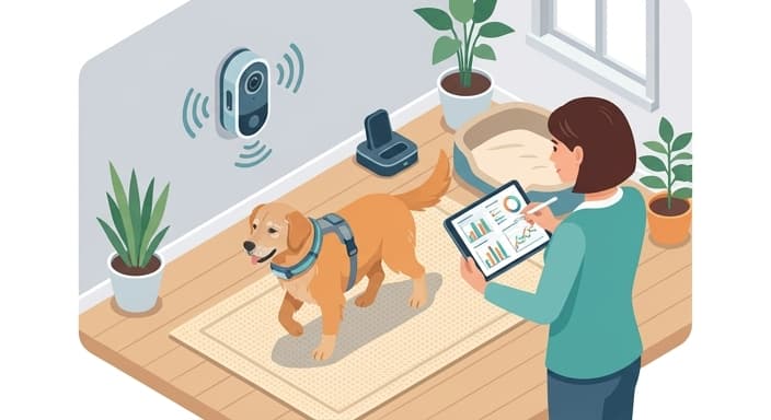 Senior pet equipped with mobility sensors and viewing camera for proactive care.