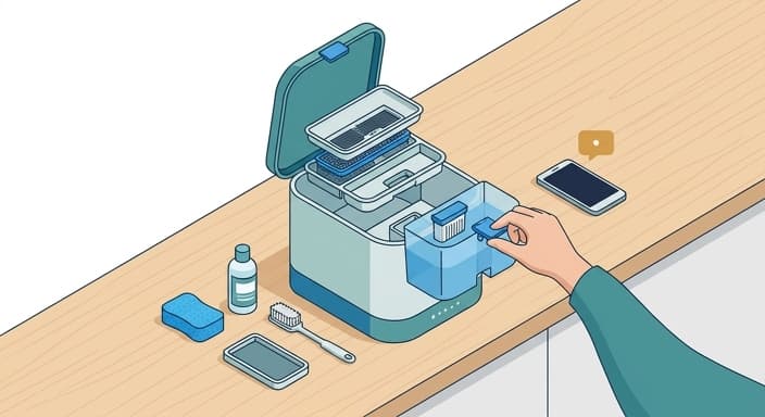 A smart fountain is shown in a tool-free disassembly scene to illustrate easy cleaning and connectivity alerts.