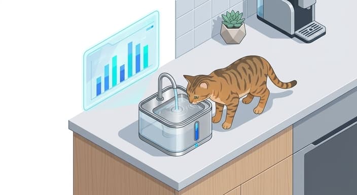 A cat drinks from a smart fountain while a subtle data display visualizes daily water intake.
