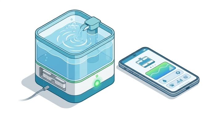 A smart fountain with app connectivity and LED indicators helps maintenance and reliability.