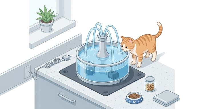 A cat drinks from a multi-stream smart fountain, illustrating why moving water entices felines.
