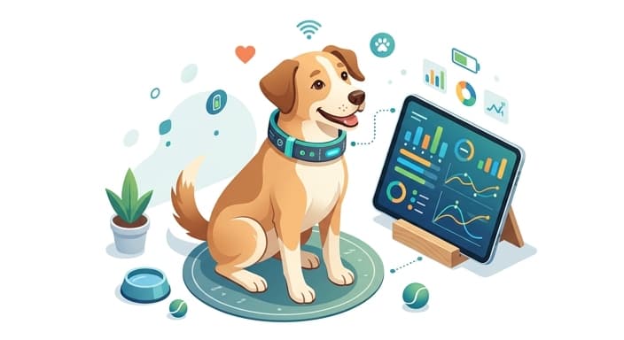 A dog wearing a smart collar with a tablet showing abstract activity visuals, illustrating early warning signals for dermatology or anxiety-related behaviors.