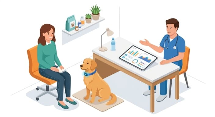 A pet owner and veterinarian review a data log on a tablet, highlighting a collaborative, data-driven approach to managing chronic conditions.