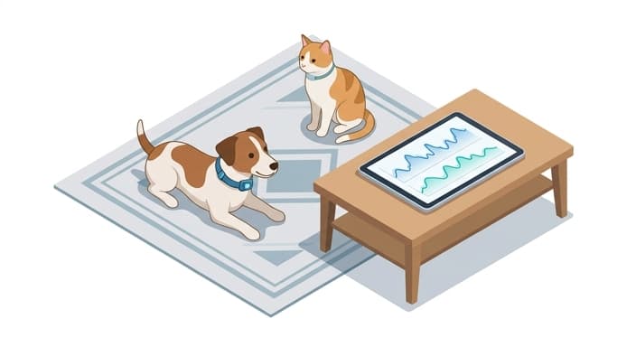 Dog wearing a smart collar beside a tablet showing heart and breathing data in an at-home monitoring setup.