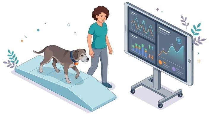 Senior dog with a wearable tracked for movement analytics during mobility training.