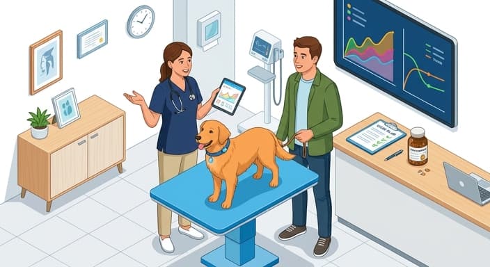 Veterinarian and owner discuss wearable data to tailor a mobility-focused care plan for the pet.