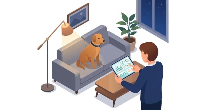 Owner reviews wearable wellness data on a tablet to spot early health signals in a pet.