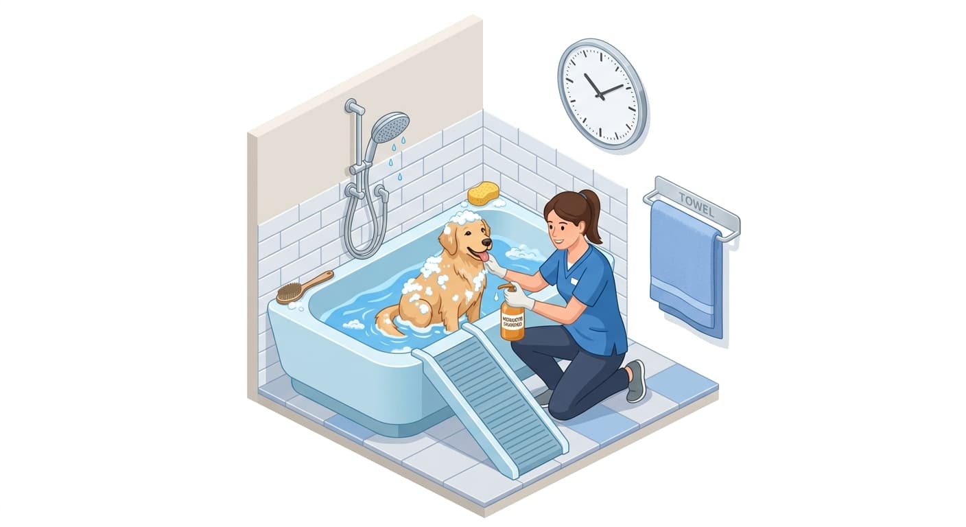 A dog in a veterinary bath being treated with medicated shampoo left on for contact time before rinsing, illustrating the care step.