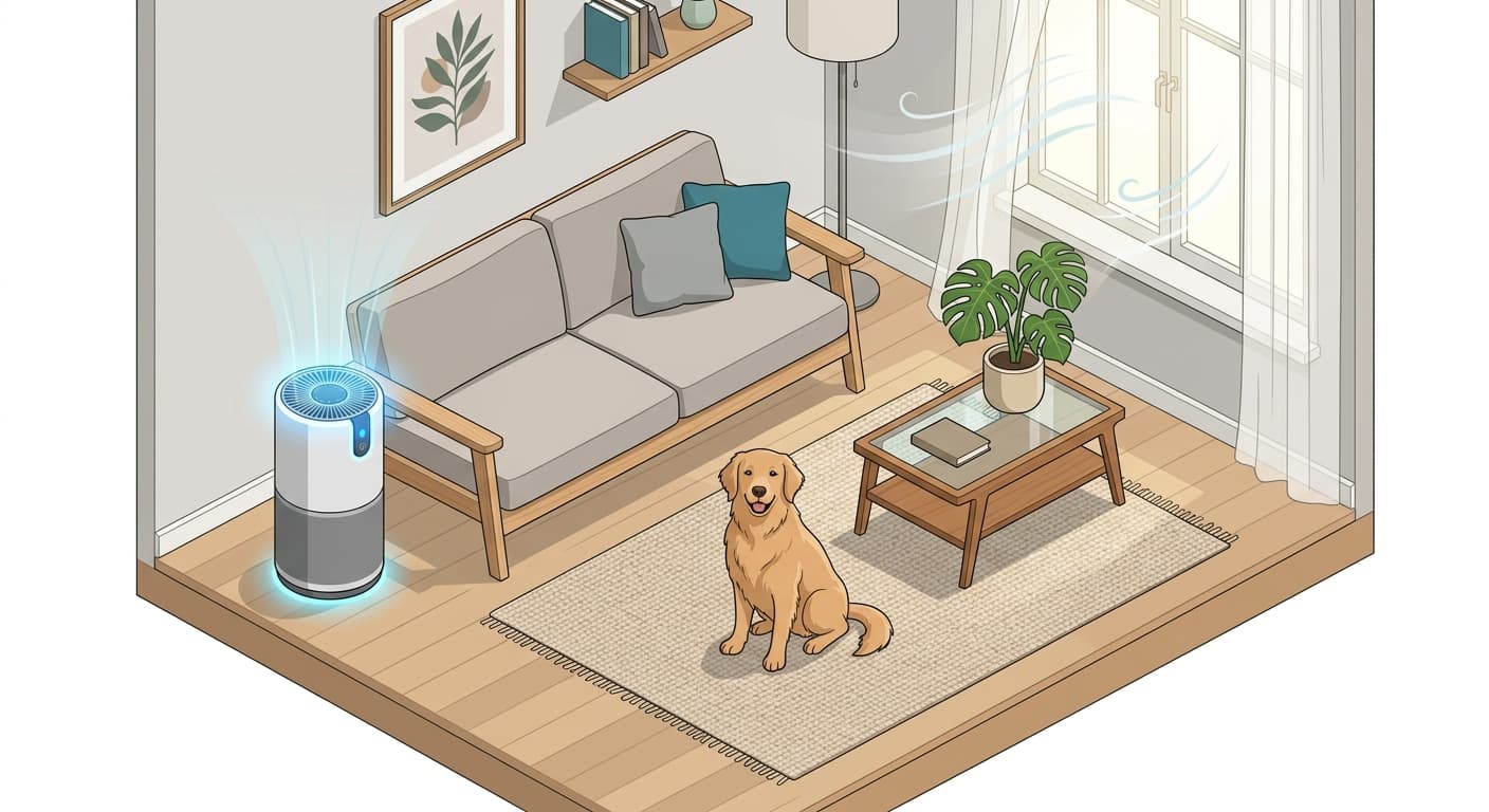 A calm dog in a living room with a HEPA air purifier, illustrating a clean air sanctuary for allergy relief.