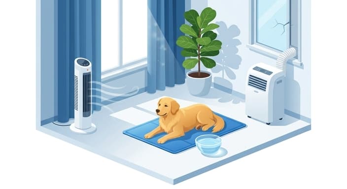 A pet indoors resting on a cooling mat with a fan and air conditioning nearby, illustrating home cooling strategies.