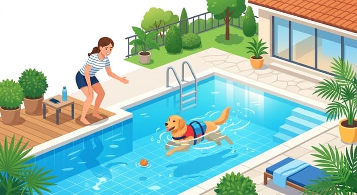 A dog swimming in a clean pool with a supervising owner nearby, illustrating safe low‑impact aquatic activity to beat the heat.