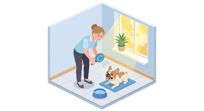 An owner uses a fan and water to help a panting brachycephalic dog cool down indoors.