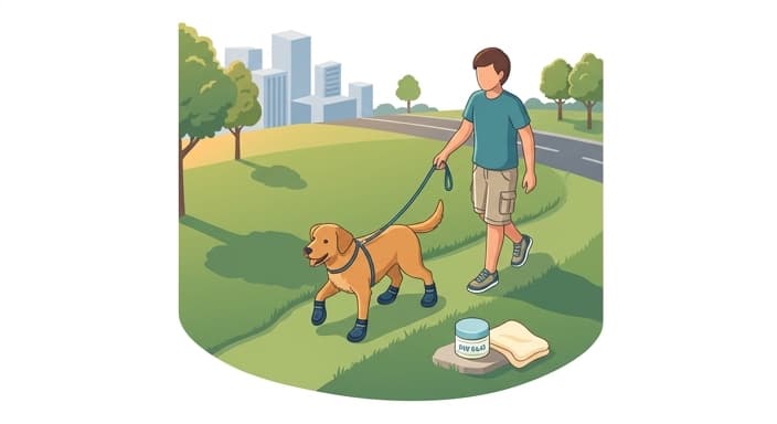 A dog in booties with paw balm nearby illustrates paw protection for safe summer outdoor walks.