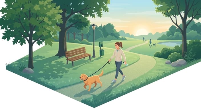 Morning park walk: a dog on cool grass with its owner, highlighting safe, early exercise to protect paws from heat.