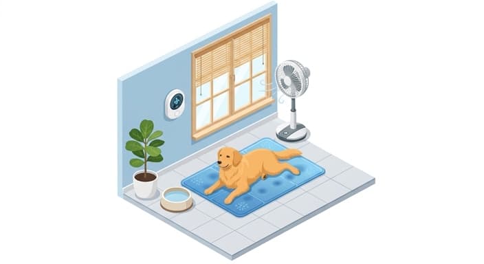 Indoor cooling setup: a pet rests on a cooling mat beside shade and a fan to beat the heat.