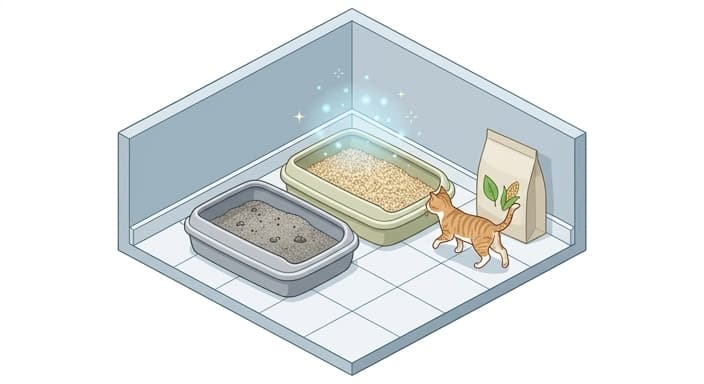 Two litter boxes sit side by side—the clay option on the left and a plant-based wheat/corn litter on the right—while a cat investigates the plant-based box, hinting at odor-control benefits.