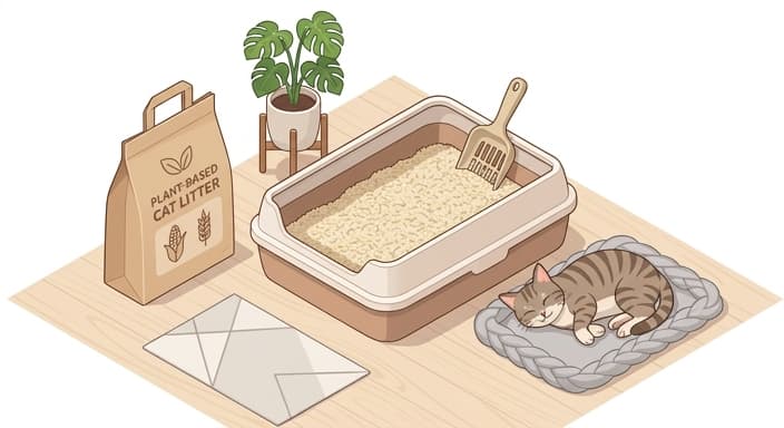 A lightweight bag of plant-based litter sits beside a scoop-ready litter box, illustrating the ease and portability of sustainable litter.