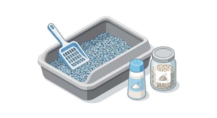 Litter area showing odor-control toppers and a clean, refreshed litter box setup as part of sustainable maintenance.