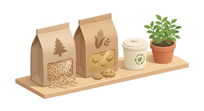 Eco-friendly litter options on display: cedar wood pellets and corn-based litter presented as compostable choices.