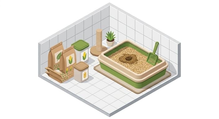 A plant-based litter setup with corn- and wheat-based clumping litter, a scoop, and recyclable packaging in a clean bathroom corner.