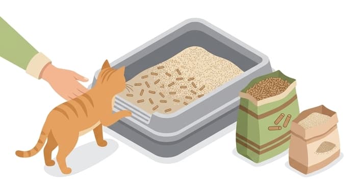 Cat-friendly transition scene illustrating mixing pellet-style litter with traditional litter as part of a gradual switch to sustainable options.