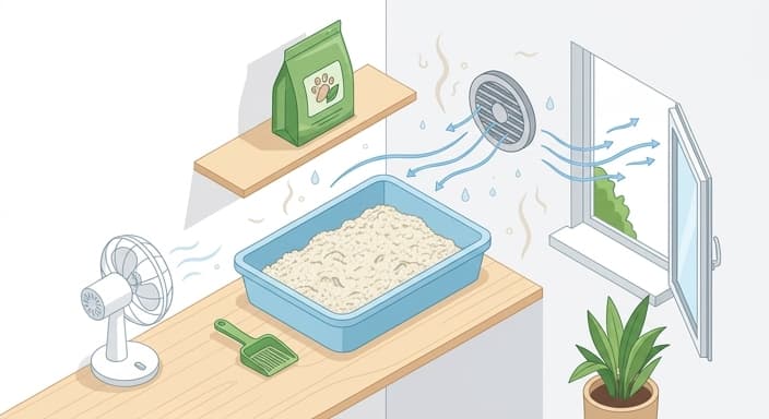 A well-ventilated room with a sealed bag of litter near the litter box, illustrating moisture precautions for organic clumping litter.