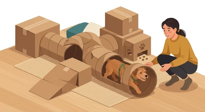 A dog tackles a DIY cardboard obstacle course under supervision, with hidden treats to encourage brain work.