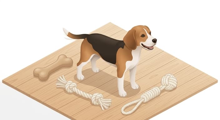 A dog with plant-based, durable toys—natural rubber chew and cotton rope—demonstrating sustainable play.
