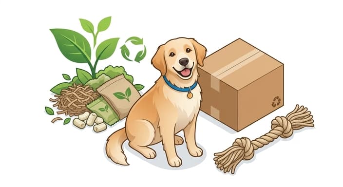 Dog beside compostable toy packaging and a rope toy, illustrating end-of-life recycling/compost options for sustainable play.