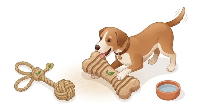 A dog enjoys an eco-friendly natural rubber chew toy, illustrating sustainable, non-toxic play.