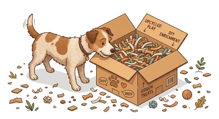 A dog engages in upcycled play by scenting and pawing at a cardboard box filled with paper scraps and treats.