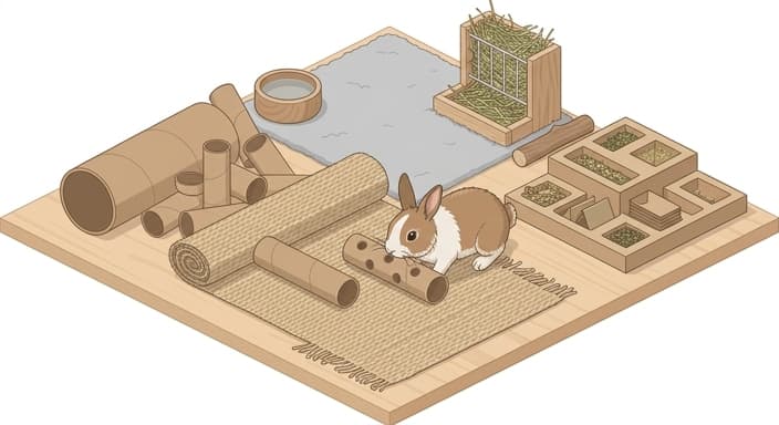 A rabbit explores eco-friendly enrichment toys like cardboard tubes, a seagrass mat, and a paper puzzle feeder during mealtime.