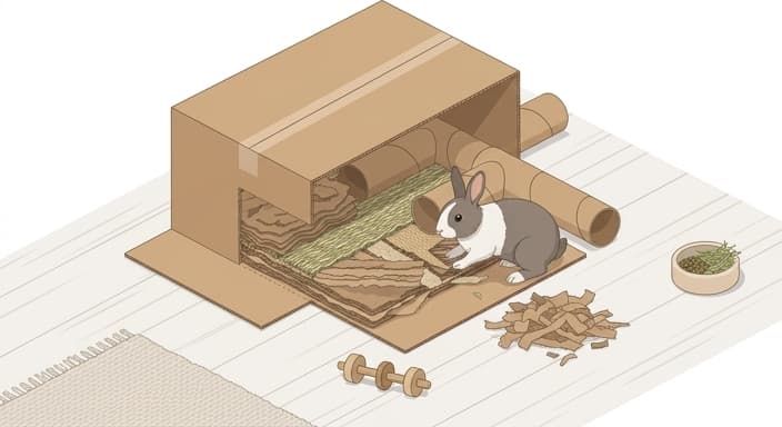 A rabbit interacts with a multi-texture cardboard box burrow, showing rotated contents to keep enrichment novel and engaging.